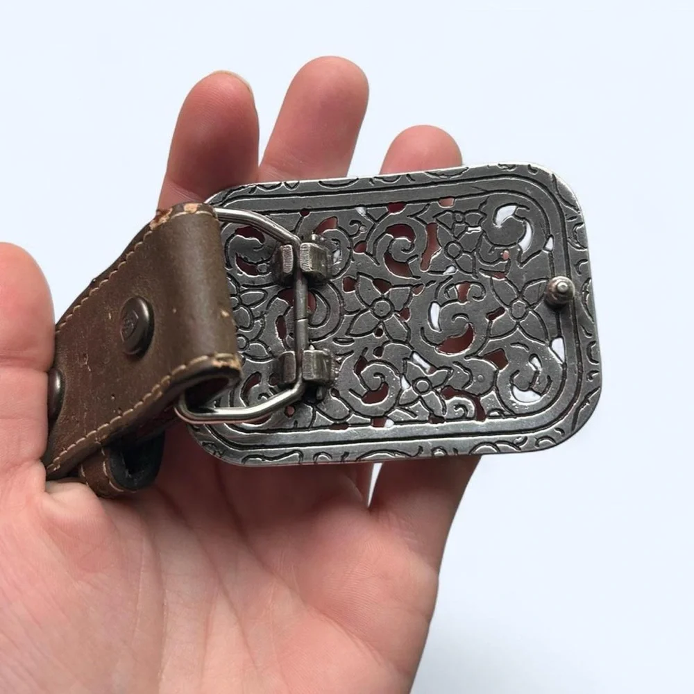 Ariat Brown Leather Floral Embroidered Belt w Large Silver Rhinestone Buckle